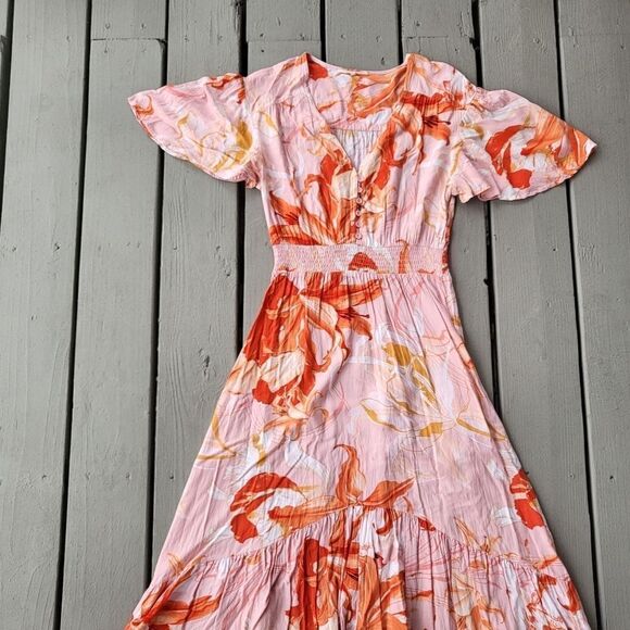 Abel The Label Maxi Dress Floral Tropical Pattern Hi-Lo‎ Ruffled Hem Pink Medium - Picture 4 of 7